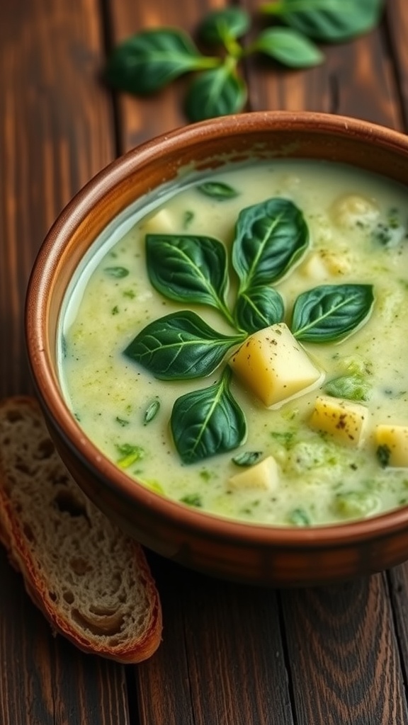 Creamy spinach and potato soup in a rustic bowl, garnished with spinach, served with crusty bread on a wooden table.